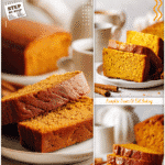 Sliced pumpkin butter bread on a white plate with cinnamon sticks beside it